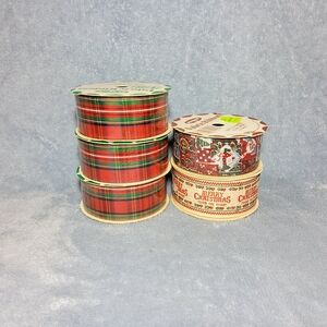 NOS Vintage Lot Of 5 Holiday Fabric Ribbon Berwick Offray Christmas Plaid Red